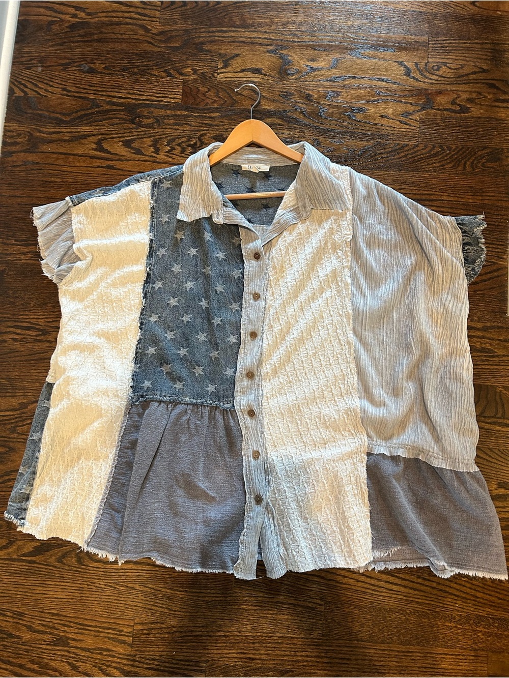 Patchwork Button-Front Shirt in Blue & Cream (with pockets)